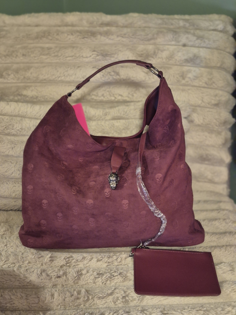 Betsey Johnson Wine Suede Skull-Accent Hobo Bag with Matching Wrist Pouch